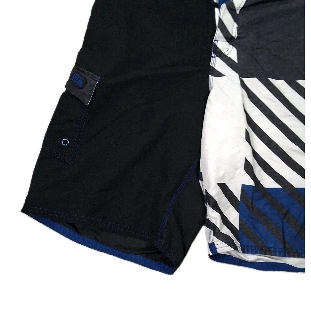 Ironman Triathlon Men's Board Shorts Size 34 Black Blue White Striped Swim...
